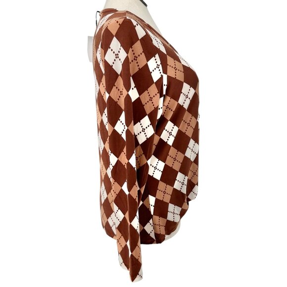 Inner Circle Blouse Womens XL Brown Argyle Print Soft Stretchy Long Sleeves - Picture 3 of 12